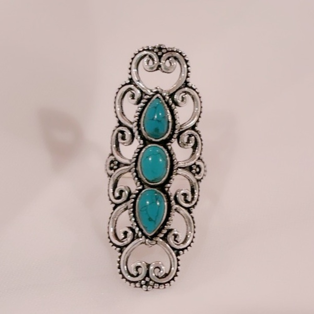Natural Turquoise 925 Sterling Silver Vintage Setting Statement Ring - Picture 1 of 5